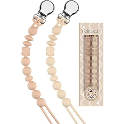 Yolnkos Pacifier Clip Paci Holder Baby Girls Boys One-Piece Binky Clips with Texture Soft Flexible Birthday Christmas Shower Gift 2 Pack (Oatmeal, Beige)