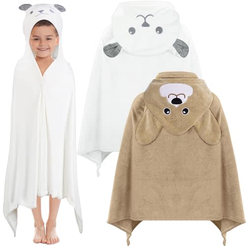 Preboun 2 Pcs Kid Hooded Bath Towel Toddler 27.5 x 55'' Large Hooded Towel for Kids 3-10 Yrs Wrap Bathrobe Boy Girl(White, Brown,Bear, Dog)