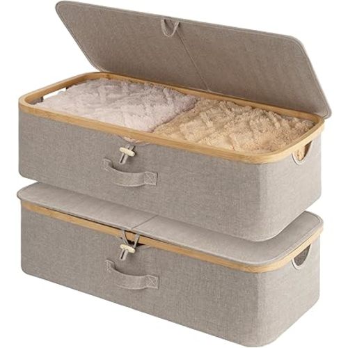 StorageWorks 2-Pack Underbed Storage Box with Bamboo Frame, 42L Flip-Top Under Bed Container for Blankets, Bed Sheets, Coverlets and Towels, Taupe