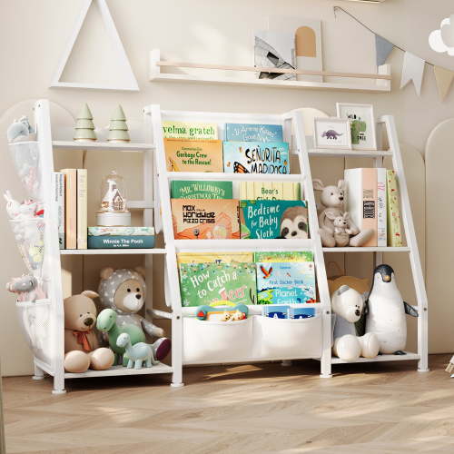 Joqixon Kids Bookshelf Large Storage Bookcase: 3-Tier Book Sling Shelf Toy Organizer for Toddler - Display Rack with 3 Pockets for Kids Rooms, Bedroom, Playroom, Nursery (White, Wood + Metal)