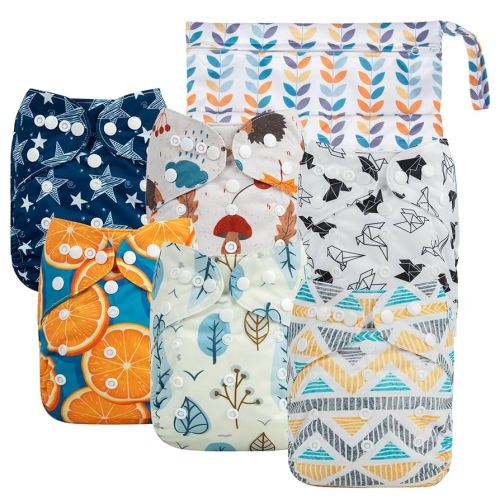 babygoal Cloth Diaper Covers 6 Pack with Wet Bag for Fitted Diapers and Prefolds with Double Gussets, Adjustable and Reusable for Baby Boys 6DCF05