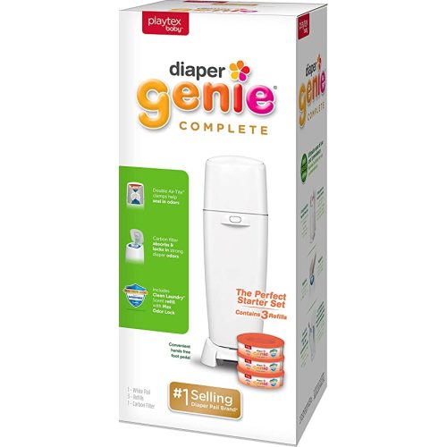 Playtex Diaper Genie Complete Pail with Built In Odor Controlling Antimicrobial, Includes Pail and 3 Clean Laundry Scent Refills, White Pail