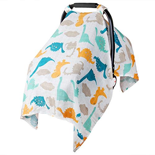 Muslin Baby Carseat Covers for Boy Girl, Metplus Lightweight Infant Car Seat Canopy, Breathable Carrier/Stroller Cover Newborn Gift, Fit Summer Spring Autumn, Large Size 47.2 x 35.4 inch, Dinosaur