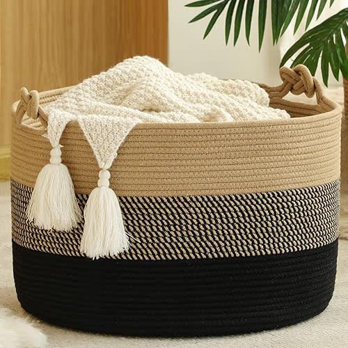 KAKAMAY Large Blanket Basket (20"x13"),Woven Rope Baskets for storage Baby Laundry Hamper, Cotton Rope Blanket Basket for Living Room, Laundry, Nursery, Pillows,Baby Toy chest (Jute/Black)