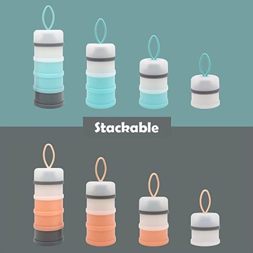LADISO Baby Formula Dispenser, Portable Milk Powder Dispenser Container, Baby Feeding Travel Storage Container, Non-Spill Stackable Baby Snack Storage Container, BPA Free, 4 Compartments, 2 Packs - Orange & Blue