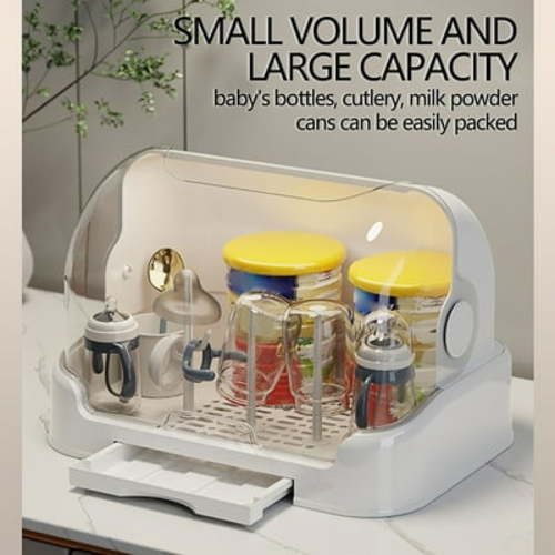 Coollooc Baby Bottle Storage, Large Bottle Drying Rack with Cover & Removable Drain Tray, Dustproof Baby Bottle Organizer Portable Baby Bottle Rack Dryer for Bottle Accessories