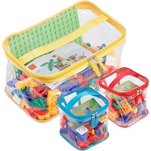 3-Pack PVC Clear Toy Storage Bags with Lids & Handle(12" x 7.8" x 7"), Colored Organizing Bins with Zipper, Double Zipper Cube Blocks Board game Storage Organizer Case Bins for Playroom