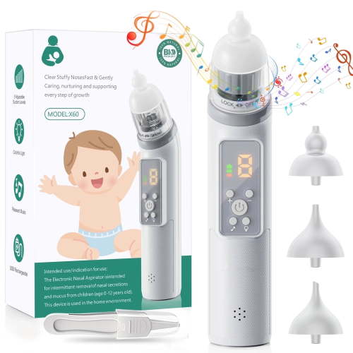 Skdwakiz Nasal Aspirator for Baby, Electric Baby Nose Sucker, Automatic Toddlers Nose Cleaner with 5 Suctions Power, 3 Silicone Tips, 3 Music Modes & Light Soothing Function