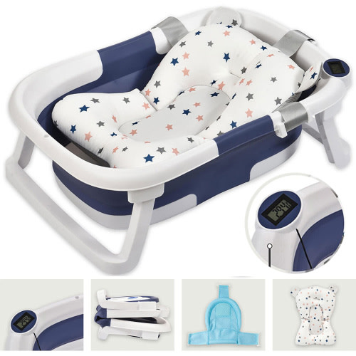 TOPCHANCES Folding Baby Bathtub, Travel Bathtub Newborn Bath Tub with Bath Cushion & Bath Net for Infants to Toddler, Blue