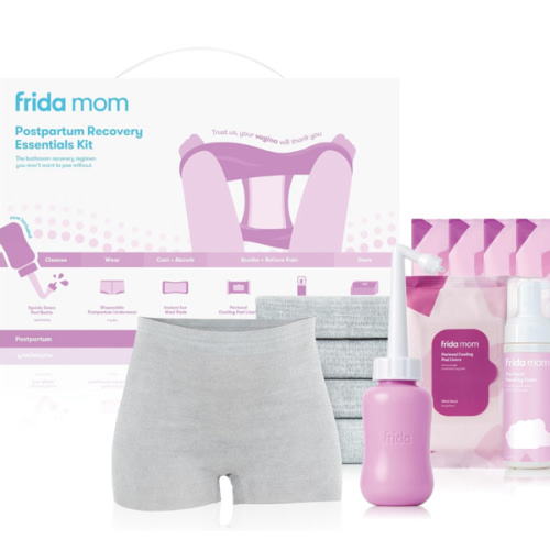 Frida Mom 11pc Postpartum Essentials Kit Gift Set, Hospital Bag Must Haves for New Mom, Includes 4 Disposable Postpartum Underwear, 4 Ice Maxi Pads, Perineal Healing Foam & 24 Pad Liners & Peri Bottle