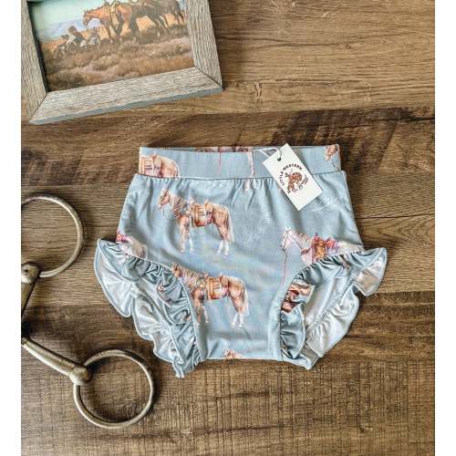 Watercolor Horses Ruffle Bummies (Baby) - Dusty Blue