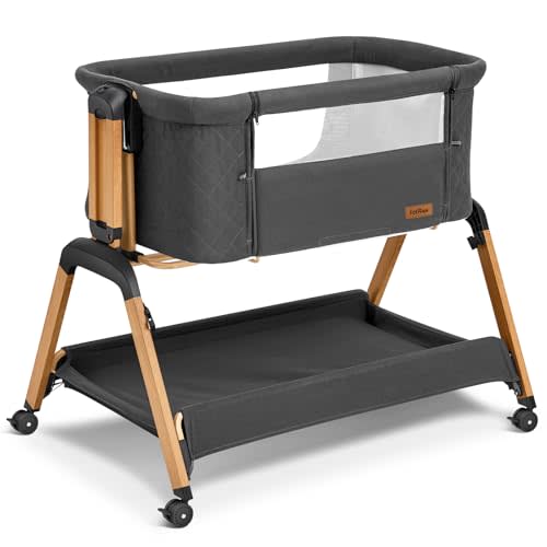 Bassinet Bedside Sleeper, Rocking Bassinets with Comfy Mattress and Wheels for Newborn, 5-Height Adjustable (Black)