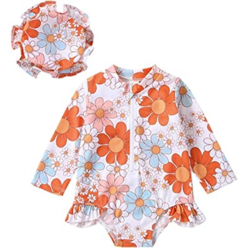 Baby Girl One Piece Swimsuit Floral Long Sleeve Zipper Ruffle Swimwear Rash Guard Beach Bathing Suit Sunsuit