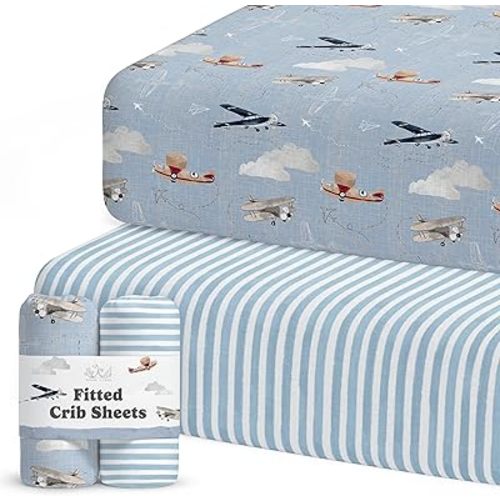 Crib Sheets Neutral - Fitted Baby Crib Sheets Bed for Girl Boy - 2 Pack Standard & Toddler Mattress - Buttery Soft Organic Cotton Blend (Airplanes in The Clouds)