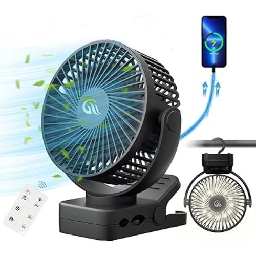Portable Fan with Remote Control & Timer & LED Lights, 60hrs 12000mAh USB Rechargeable Battery，Clamp/Hanging/Stand Up, Small Clip on Fan for Baby Stroller, Bed, Desk, Camping Tent, Travel
