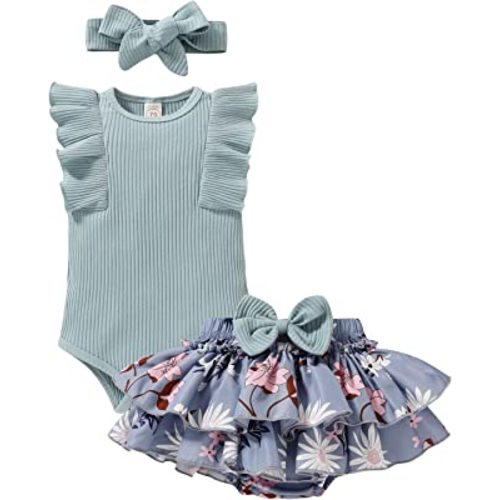 Tiny Cutey Baby Girl Clothes Infant Summer Outfits Set Ruffle Sleeve Romper and Floral Shorts with Headband