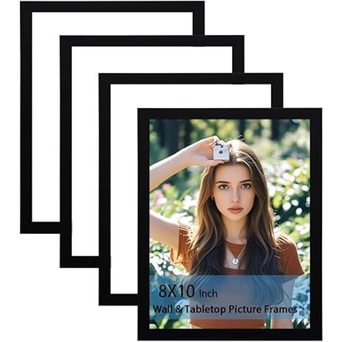 IMIMHOME 8x10 photo frame set of 4 pieces, Natural Black wooden frame with organic glass, used for desktop horizontal or vertical display of guest replacement photos (8x10 inch Black)