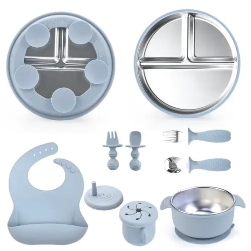 Silicone Baby Feeding Set, 10 Piece Baby Led Weaning Utensils Set, Baby Plates and Bowl Set, Baby Spoon and Fork, Sippy Cup with Straw, Baby Feeding Supplies Set （baby blue)