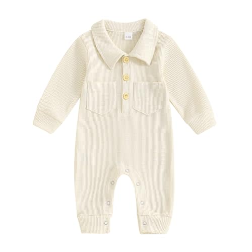 Lesimsam Newborn Baby Boy Waffle Knit Collared Romper Jumpsuit Solid Button Long Sleeve Bodysuit One-Piece Fall Winter Outfit