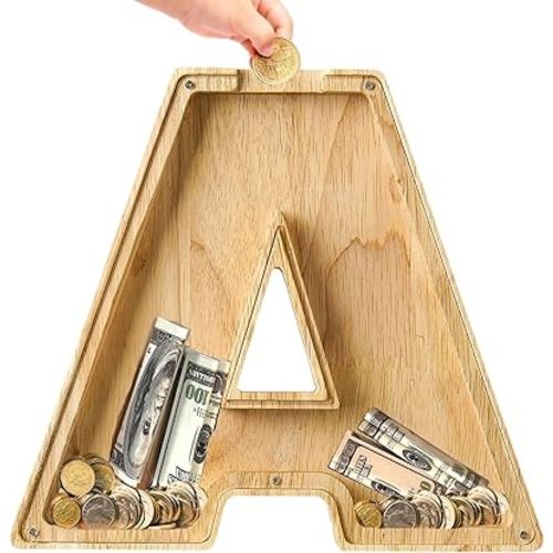 Bemaystar Letter-Piggy-Bank for Kids, Wooden Money-Box, Initial Letters Piggy-Banks for Girls Boys, 9 Inch Money Bank Coin Bank, Christmas Birthday Gifts for Kids(A)