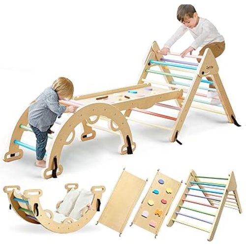 Foldable Pikler Triangle Set with Cushion, 8-in-1 Montessori Kids Jungle Gym Indoor Climbing Toys, Large Wooden Climbing Toys for Toddlers 1-3 Inside, Indoor Playground for Baby and Kids