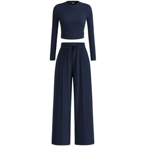 BTFBM Casual 2 Piece Sets For Women Fall Outfits 2025 Ribbed Long Sleeve Crop Top Wide Leg Pants Matching Lounge Set