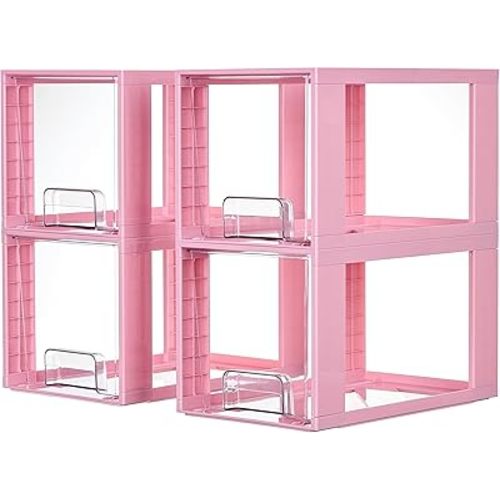 Vtopmart 4 Pack Large Stackable Storage Drawers,Pink,Easily Assemble Acrylic Bathroom Closet Undersink Organizers and Storage,Plastic Bins for Kitchen Cabinets,Pantry,Makeup,Medicine Organization