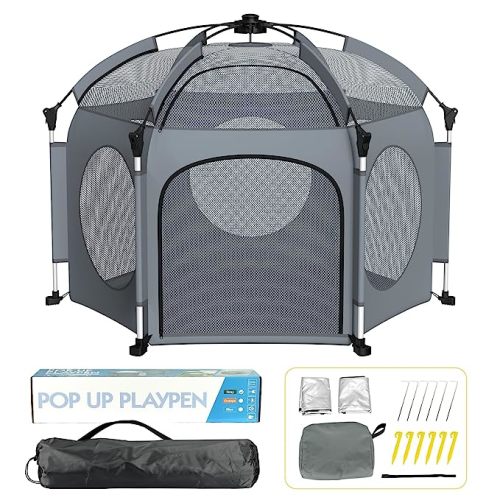 Portable Playpen for Babies and Toddlers - PRObebi Pop Up Playpen for Baby with Three Sun-Shade, Lightweight Outdoor Play Yard - Beach Playpen with Travel Bag - for Home & Indoor Use - Grey - A-Grey