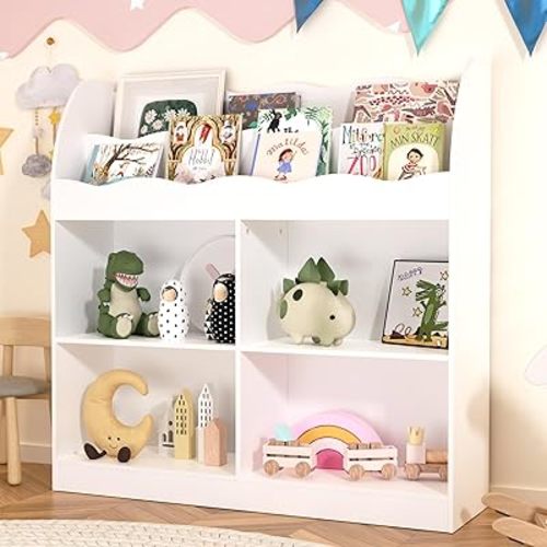 White Kids Bookshelf, Toy Storage Organizer with Book Rack and 4 Storage Cubbies, Wooden Kids Bookcase, Toy Organizers and Storage for Nursery, Playroom