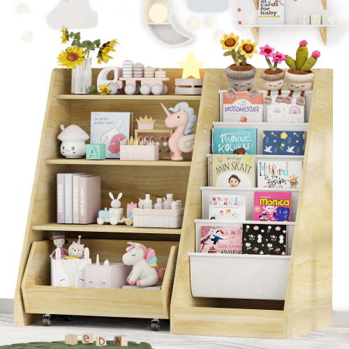 4-Tier Kids Bookshelf and Toy Storage, Book Shelf for Kids Rooms, Wooden bookcase for Toddler Children Baby in Nursery Playroom Living Room - Idea Gifts for Boys and Girls (Oak)