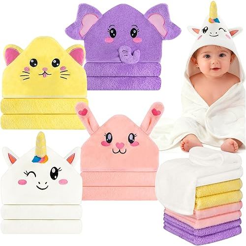 OFUSUY 12 PCS Baby Bath Towels for Infants Toddlers, 4 PCS Animal Hooded Baby Towels & 8 PCS Washcloths Set, Soft & Ultra Absorbent Newborn Bath Cute Essential Gifts for Boys & Girls