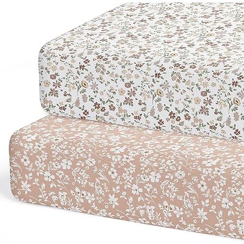 Crib Sheets Neutral - Fitted Baby Crib Sheets Bed for Girl Boy - 2 Pack Standard & Toddler Mattress (Fleurette) - Buttery Soft Organic Cotton Blend