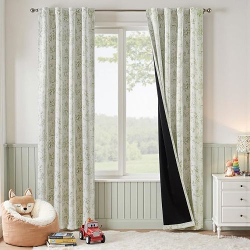 jinchan 95% Blackout Nursery Curtains 84 Inches Long, Bunny Woodland Toile Curtains Sage Green on Beige Animal Printed Drapes Rod Pocket Thermal Insulated Bedroom Farmhouse Window Treatment 2 Panels