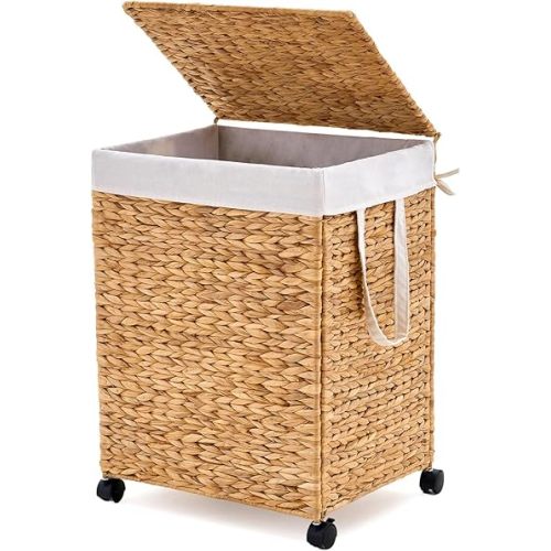 Laundry Hamper with Lid and Wheels Handwoven Water Hyacinth Laundry Basket with Removable Liner Bags, Includes 2 Mesh Bags Rolling Laundry Hamper for Bedroom (Natural, 100L)