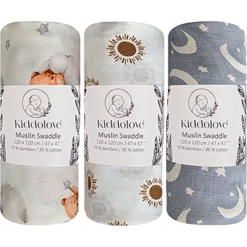 Muslin Swaddle Blankets for Newborns – 3 Pack Soft Baby Blankets for Boys and Girls – Breathable and Gentle – Large 47x47 Inches – Sweet Dreams – Essentials for Baby Shower, Infant Care