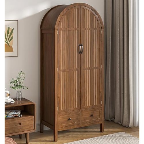 Wardrobe Closet, Armoire Wardrobe Closet with Drawers and 2 Arched Fluted Doors, 70.87‘’ Tall Wooden Bedroom Armoires with Shelves and Hanging Rod (Walnut)