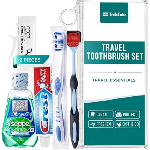 Travel Toothbrush Set with Name Brand Toothpaste, Mouthwash & Floss Picks