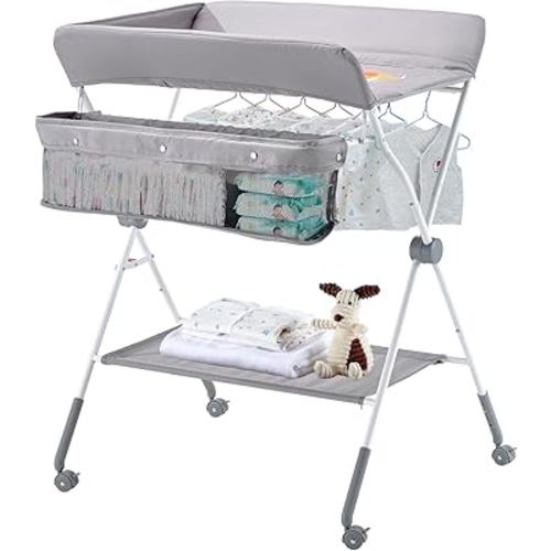 VEVOR Baby Changing Table, Foldable Diaper Change Station with Side Basket, Adjustable Height Changing Table with Lockable Wheels, Multi-Functional Nursery Storage Organizer, Gray