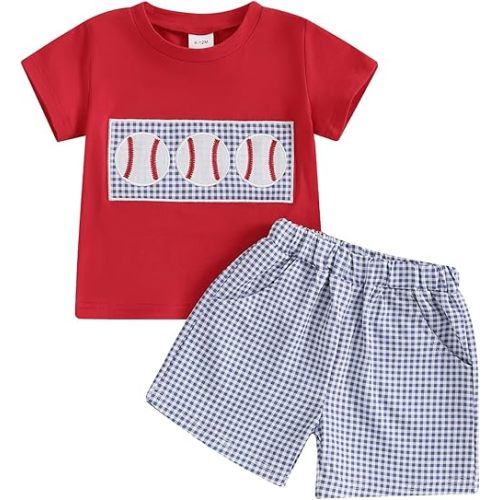 Toddler Baby Boy Summer Clothes Short Sleeve Embroidery Baseball T-shirt & Plaid Shorts Set 2 Piece Outfit