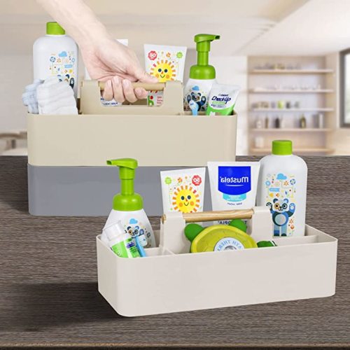 Baby Shower Caddy Plastic Nursery Portable Storage Organizer Caddy Tote for Child/Kids, Divided Basket Bin with Wood Handle for Bathroom, Dorm Room, Holdsn Bottles, Spoons, Gray