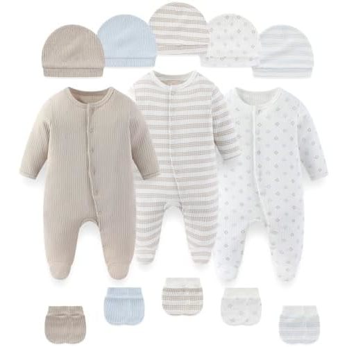 Fashion Baby Boy Girl Clothing Set Cotton Soft 3-Piece Long Sleeve Button Rompers 5-Pack Hats&Gloves Infant Clothes