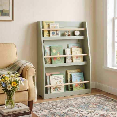 3-Tier Kids Book Shelf, Kids Book Rack With Natural Wood Retainer Rails, Slim Narrow Nursery Book & Toy Storage Shelf, Sage