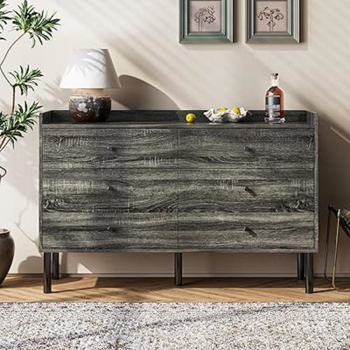 LYNSOM Dresser for Bedroom, 6 Drawer Grey Dresser with Wide Drawer and Metal Handles, Modern Dressers & Chests of Drawers for Hallway Entryway