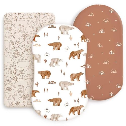 GRSSDER Stretchy Ultra Soft Bassinet Sheet 3 Pack, Universal Fit for Bassinets Baby Cradle Moses Basket Oval Rectangle Mattress or Changing Table Pad Safe and Snug, Stylish Print of Sunny Bear