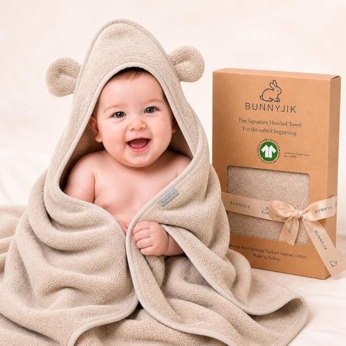Turkish Organic Cotton Hooded Towels - Heritage Aegean Plush Bath Towels for Newborn, Best for Boys, Ultra Plush, Softest Towel — Petite Newborn Infant Bath Towel Fit (0–12 Months)