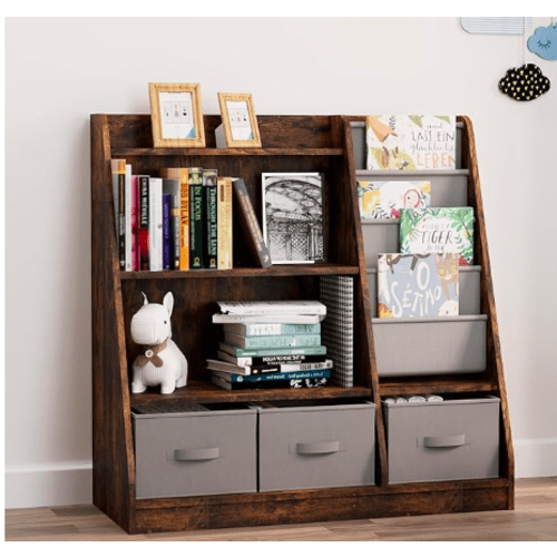HedoAjim Kids Bookshelf Rustic Wood Montessori Toy Storage Organizer Cabinet Shelf Child Bookcase Toddler Baby Sling Book Rack 3 Cube Bin Fabric Drawers for Playroom Bedroom Nursery School