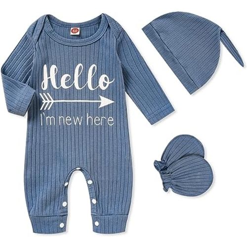 GRNSHTS Newborn Baby Boy Romper Coming Home Outfits Letter Print Bodysuit Jumpsuit+Hat+Gloves 3PCS Clothes Set
