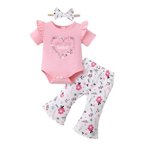 SUNNY PIGGY Baby Girl Clothes Ruffle Short Sleeve Romper Long Pants Set with Headband Newborn Infant Outfits