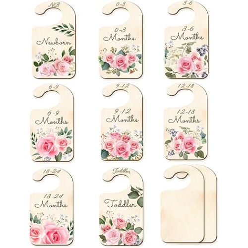 CRASPIRE 10Pcs Wood Baby Wardrobe Dividers Rose Nursery Decor from Newborn to 36 Month Closet Organizers Hanger Seperaters Baby Nursery Infant Wardrobe Hangers Divider for Newborn Baby Shower