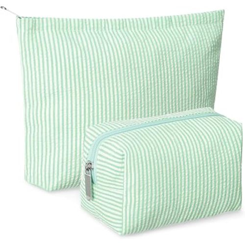 Huhumy 2 Pcs Makeup Bag Set for Women, Green, Thin Striped Seersucker
